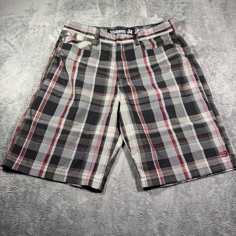 Billabong Mens Plaid Walk Shorts Black Red White Check Size 34 Skater Surf